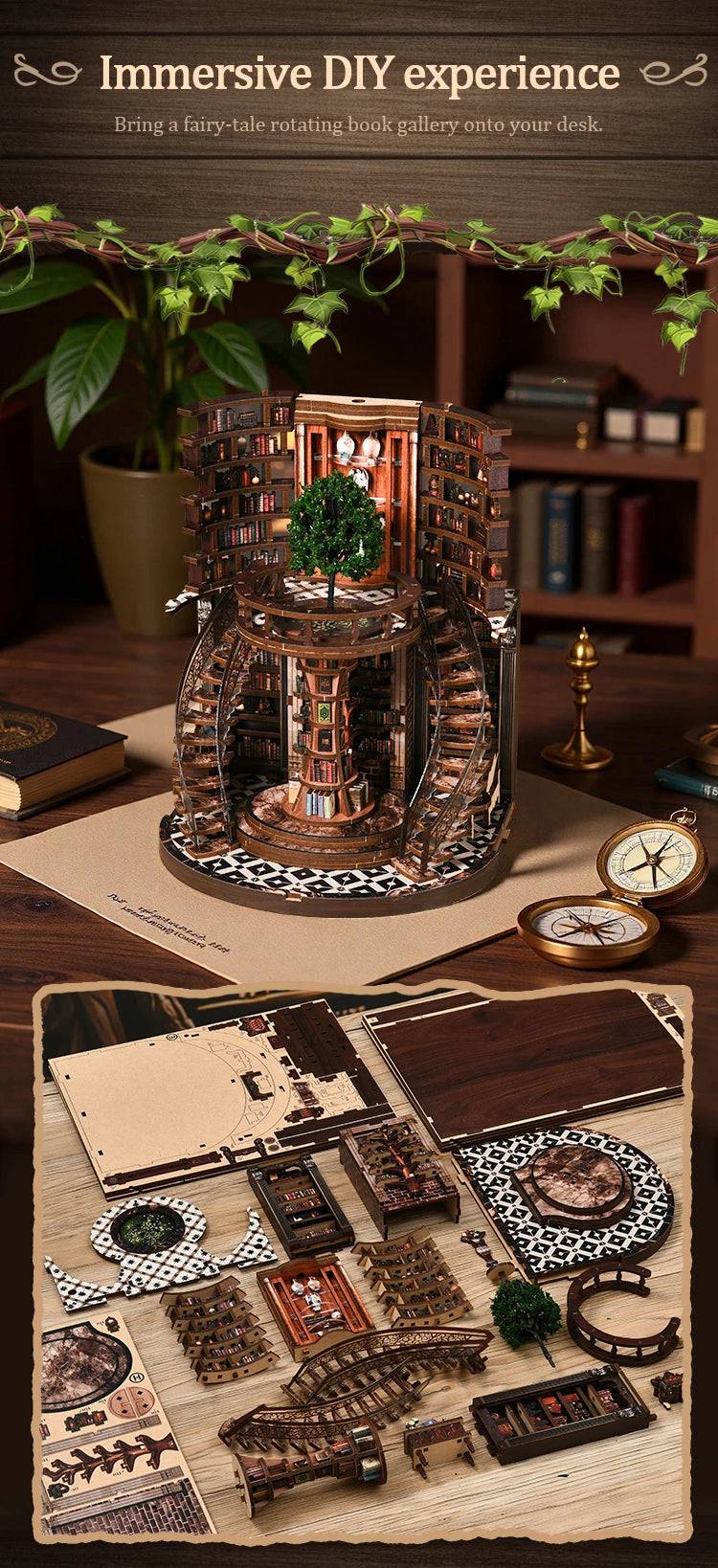 DSERS-33+34 - DIY Book Nook Kit Retro 3D Mini Library with LED Light Handmade Wooden Dollhouse Bookshelf Insert Home Decor Gift for Birthday