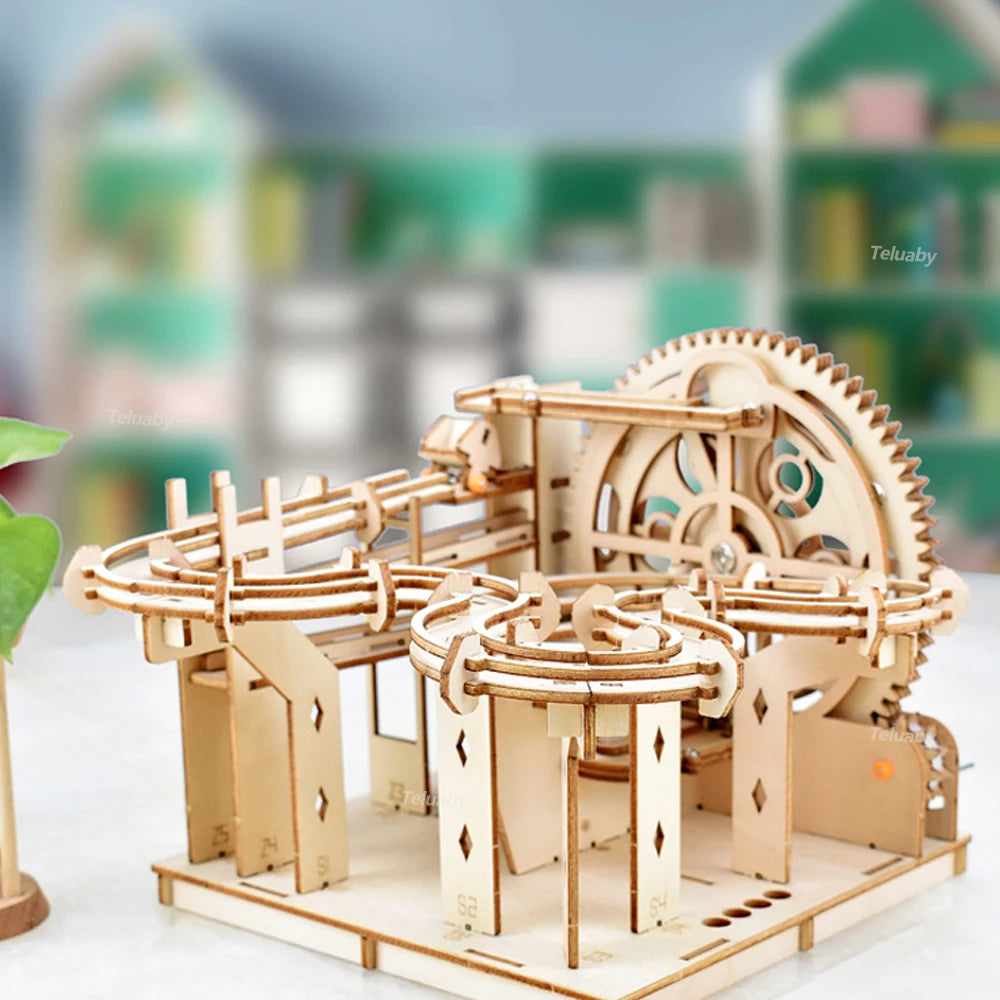 DSERS-32 - 3D Wooden Puzzle DIY Mechanical Manual Model  Building Kits Assemble Toys Marble Run Set with 4 Ball for Adult Kids Gifts