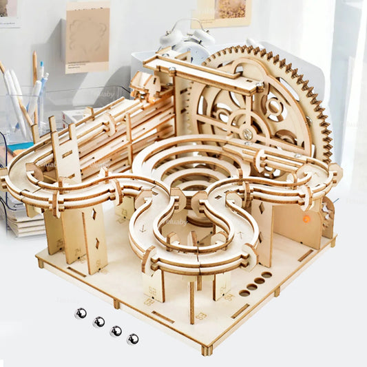 DSERS-32 - 3D Wooden Puzzle DIY Mechanical Manual Model  Building Kits Assemble Toys Marble Run Set with 4 Ball for Adult Kids Gifts