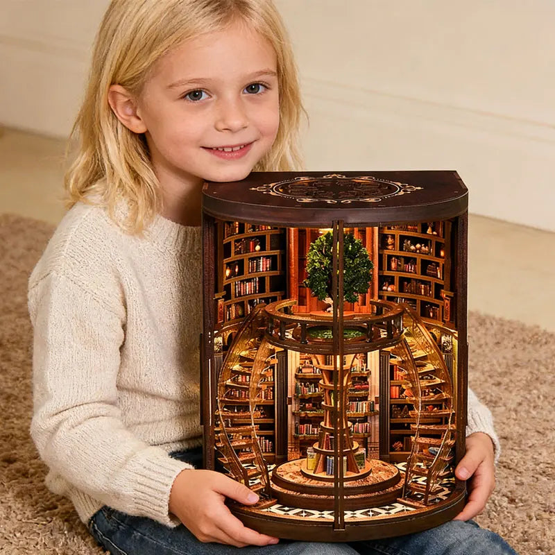 DSERS-33+34 - DIY Book Nook Kit Retro 3D Mini Library with LED Light Handmade Wooden Dollhouse Bookshelf Insert Home Decor Gift for Birthday