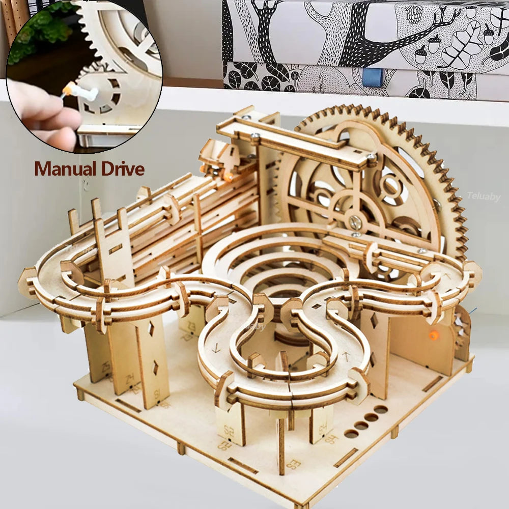 DSERS-32 - 3D Wooden Puzzle DIY Mechanical Manual Model  Building Kits Assemble Toys Marble Run Set with 4 Ball for Adult Kids Gifts