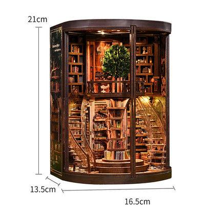 DSERS-33+34 - DIY Book Nook Kit Retro 3D Mini Library with LED Light Handmade Wooden Dollhouse Bookshelf Insert Home Decor Gift for Birthday