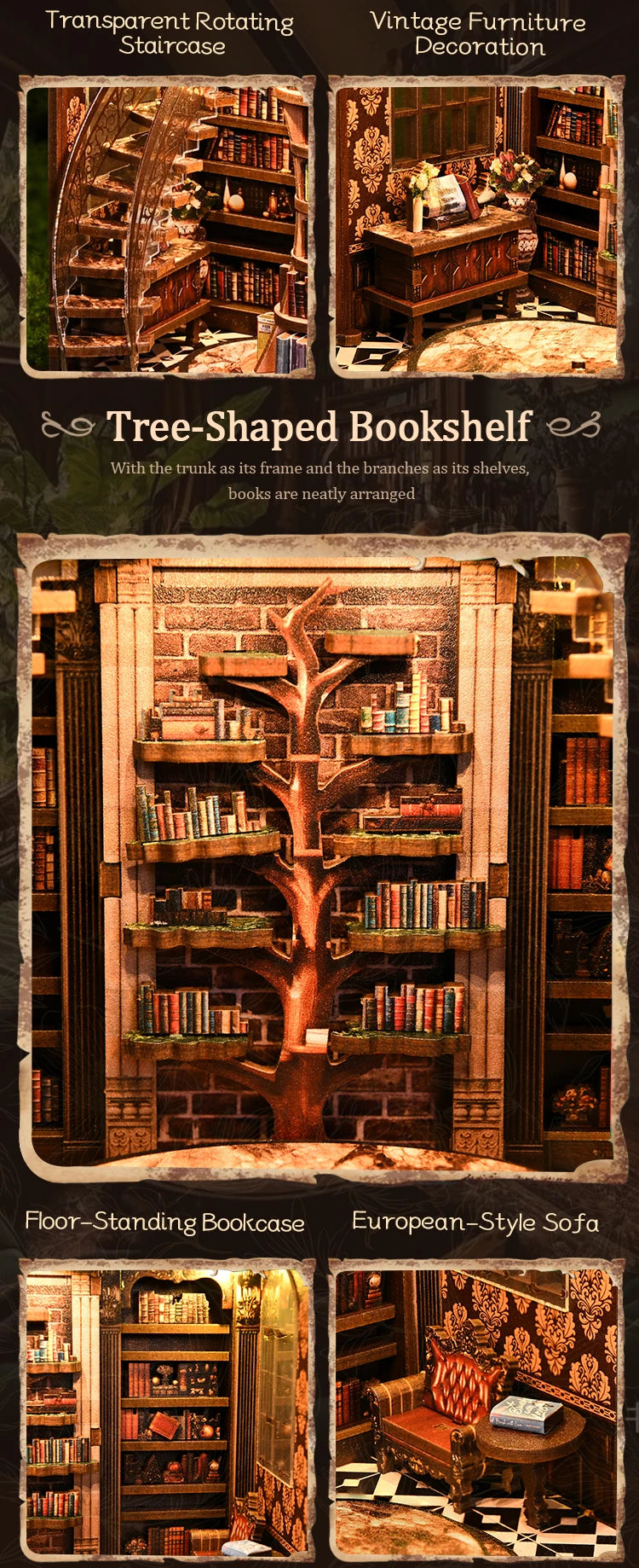 DSERS-33+34 - DIY Book Nook Kit Retro 3D Mini Library with LED Light Handmade Wooden Dollhouse Bookshelf Insert Home Decor Gift for Birthday
