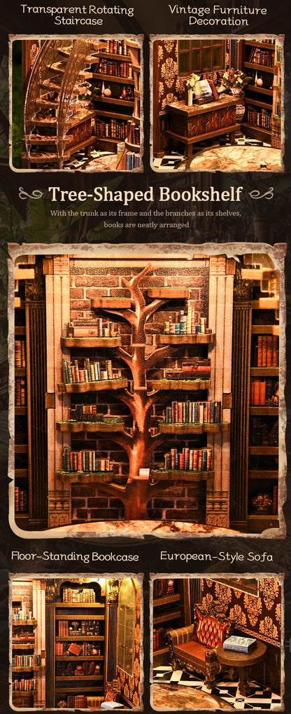 DSERS-33+34 - DIY Book Nook Kit Retro 3D Mini Library with LED Light Handmade Wooden Dollhouse Bookshelf Insert Home Decor Gift for Birthday