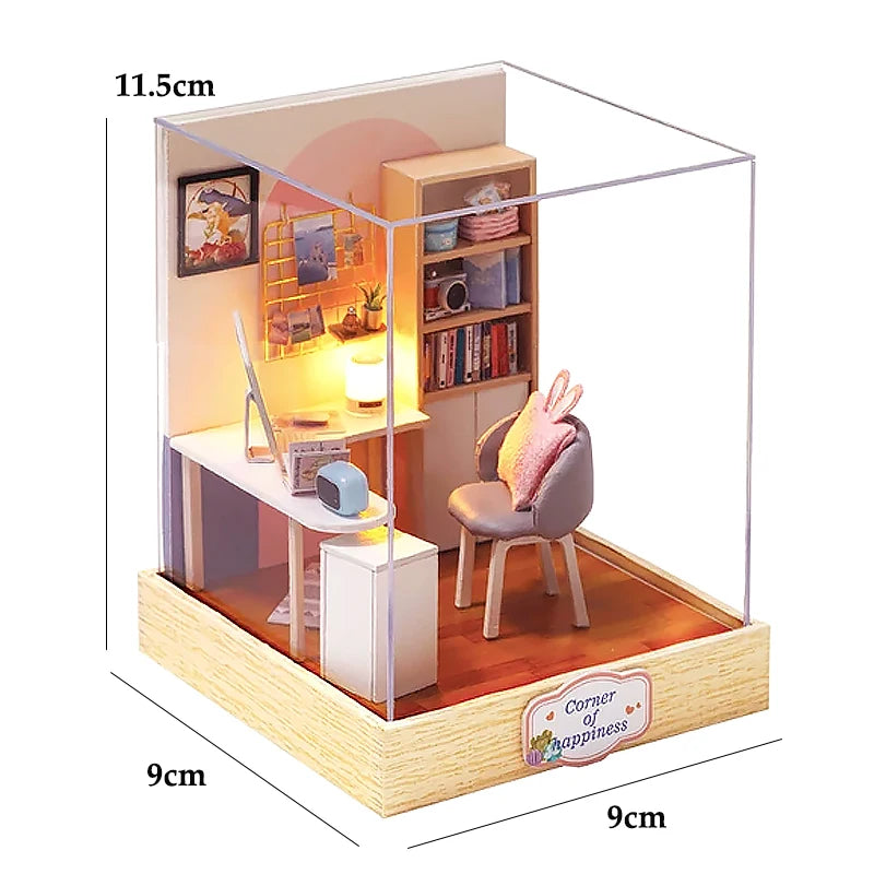 DSERS-33+34 - DIY Book Nook Kit Retro 3D Mini Library with LED Light Handmade Wooden Dollhouse Bookshelf Insert Home Decor Gift for Birthday