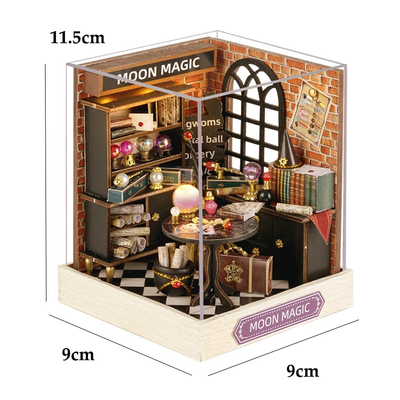 DSERS-33+34 - DIY Book Nook Kit Retro 3D Mini Library with LED Light Handmade Wooden Dollhouse Bookshelf Insert Home Decor Gift for Birthday