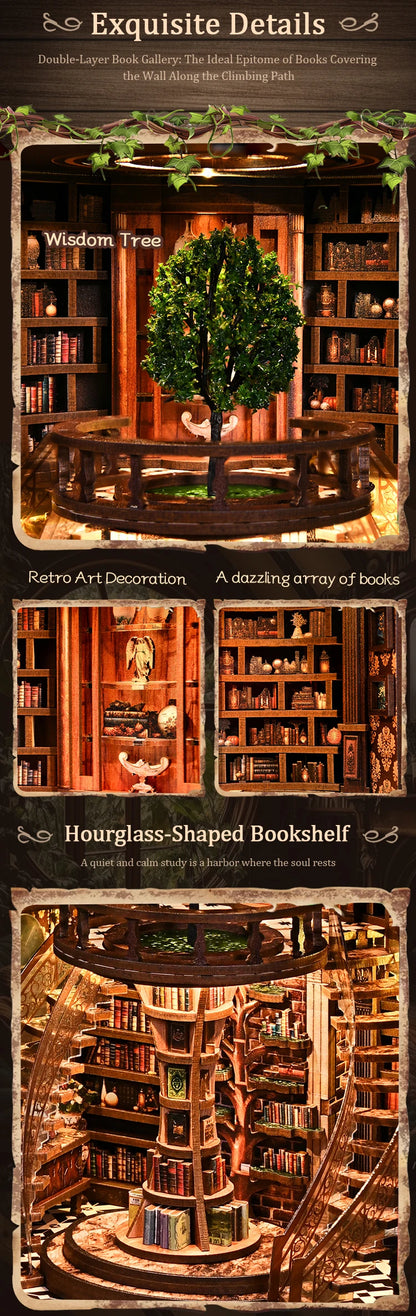 DSERS-33+34 - DIY Book Nook Kit Retro 3D Mini Library with LED Light Handmade Wooden Dollhouse Bookshelf Insert Home Decor Gift for Birthday