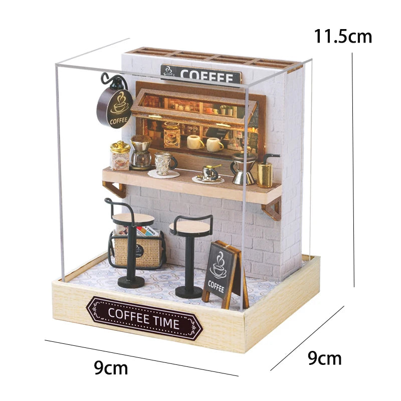 DSERS-33+34 - DIY Book Nook Kit Retro 3D Mini Library with LED Light Handmade Wooden Dollhouse Bookshelf Insert Home Decor Gift for Birthday