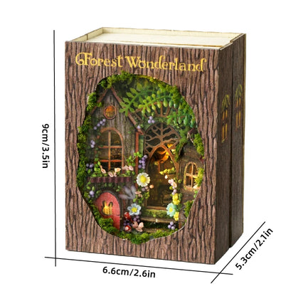 DSERS-33+34 - DIY Book Nook Kit Retro 3D Mini Library with LED Light Handmade Wooden Dollhouse Bookshelf Insert Home Decor Gift for Birthday