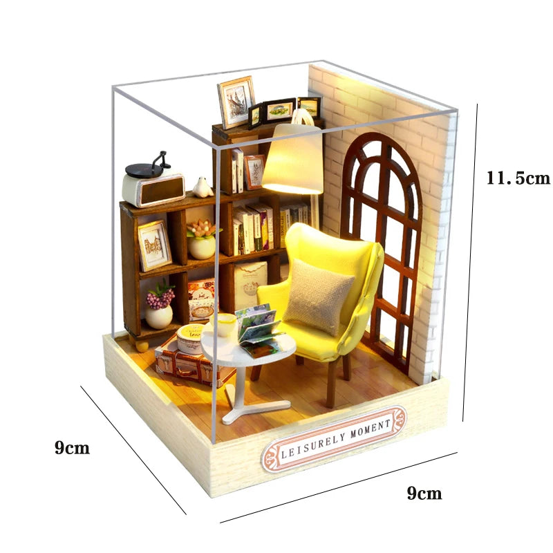 DSERS-33+34 - DIY Book Nook Kit Retro 3D Mini Library with LED Light Handmade Wooden Dollhouse Bookshelf Insert Home Decor Gift for Birthday
