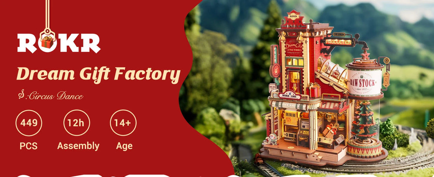 DSERS-18A - Robotime Rokr Wooden Music Box Christmas Dream Gift Factory 3D Wooden Puzzles Wooden Model Kits Build Best Gifts for Kids Adults