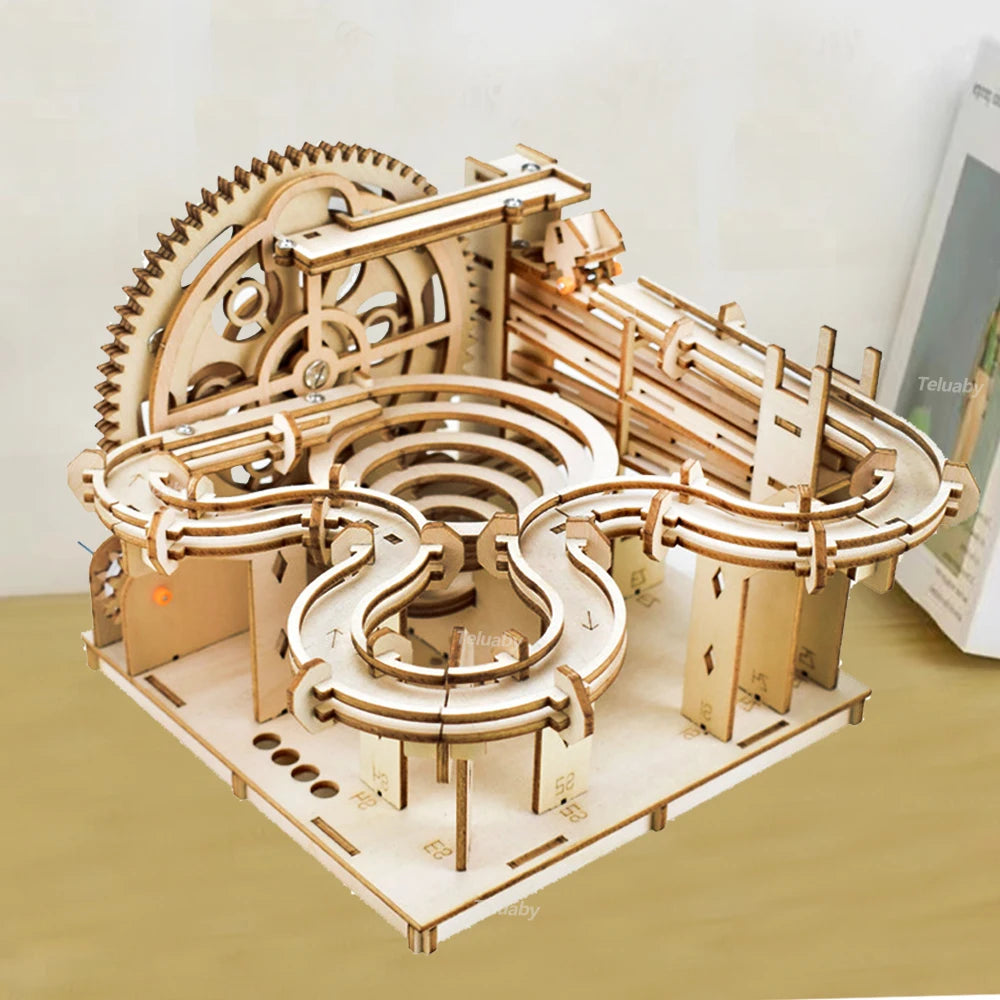 DSERS-32 - 3D Wooden Puzzle DIY Mechanical Manual Model  Building Kits Assemble Toys Marble Run Set with 4 Ball for Adult Kids Gifts
