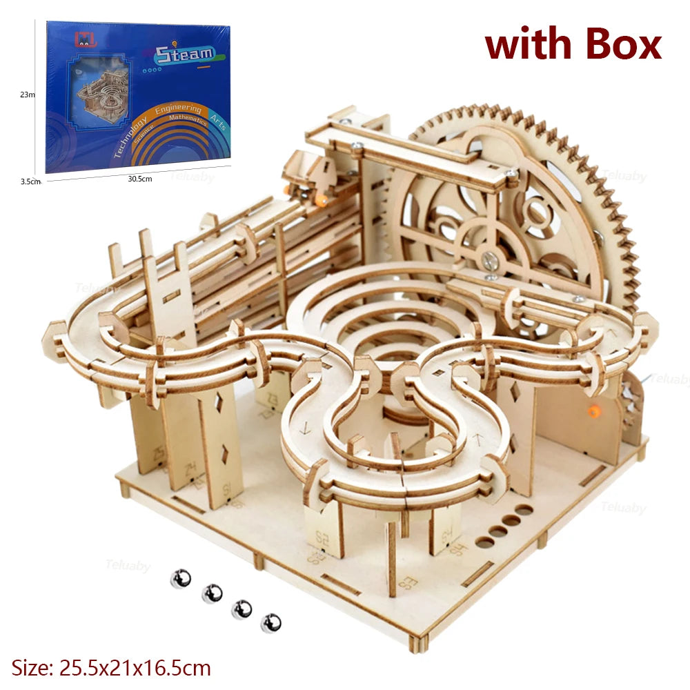 DSERS-32 - 3D Wooden Puzzle DIY Mechanical Manual Model  Building Kits Assemble Toys Marble Run Set with 4 Ball for Adult Kids Gifts