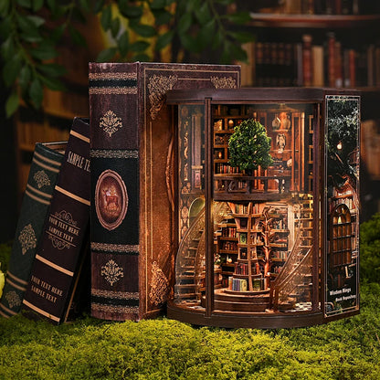 DSERS-33+34 - DIY Book Nook Kit Retro 3D Mini Library with LED Light Handmade Wooden Dollhouse Bookshelf Insert Home Decor Gift for Birthday