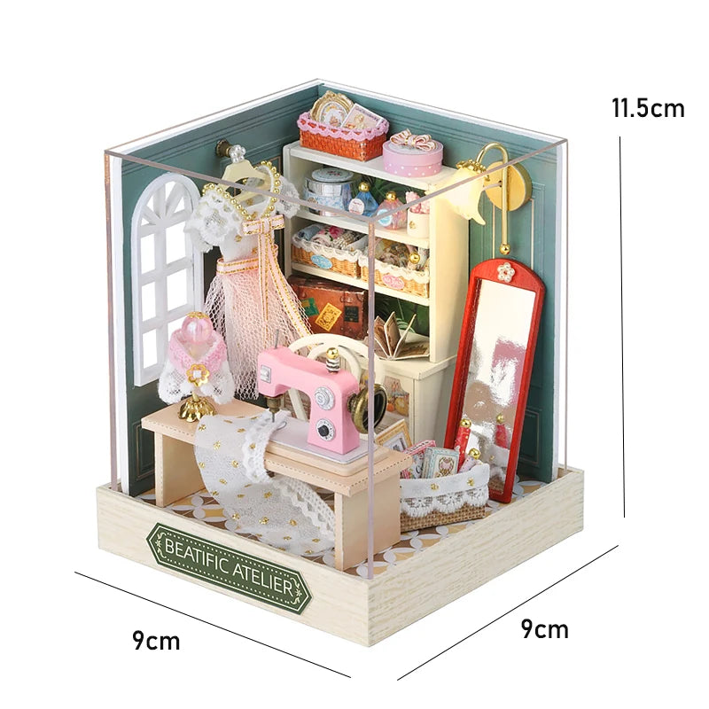 DSERS-33+34 - DIY Book Nook Kit Retro 3D Mini Library with LED Light Handmade Wooden Dollhouse Bookshelf Insert Home Decor Gift for Birthday