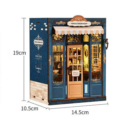 DSERS-33+34 - DIY Book Nook Kit Retro 3D Mini Library with LED Light Handmade Wooden Dollhouse Bookshelf Insert Home Decor Gift for Birthday