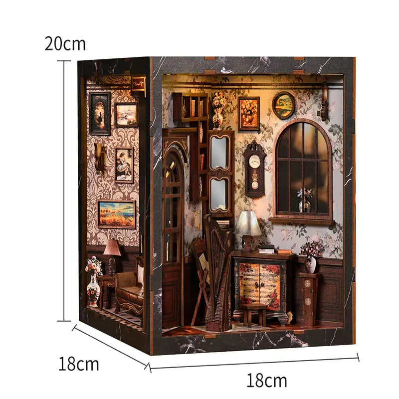 DSERS-33+34 - DIY Book Nook Kit Retro 3D Mini Library with LED Light Handmade Wooden Dollhouse Bookshelf Insert Home Decor Gift for Birthday