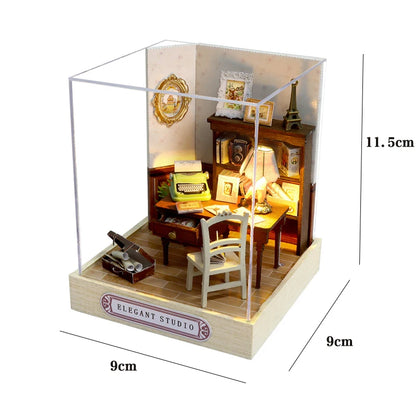 DSERS-33+34 - DIY Book Nook Kit Retro 3D Mini Library with LED Light Handmade Wooden Dollhouse Bookshelf Insert Home Decor Gift for Birthday