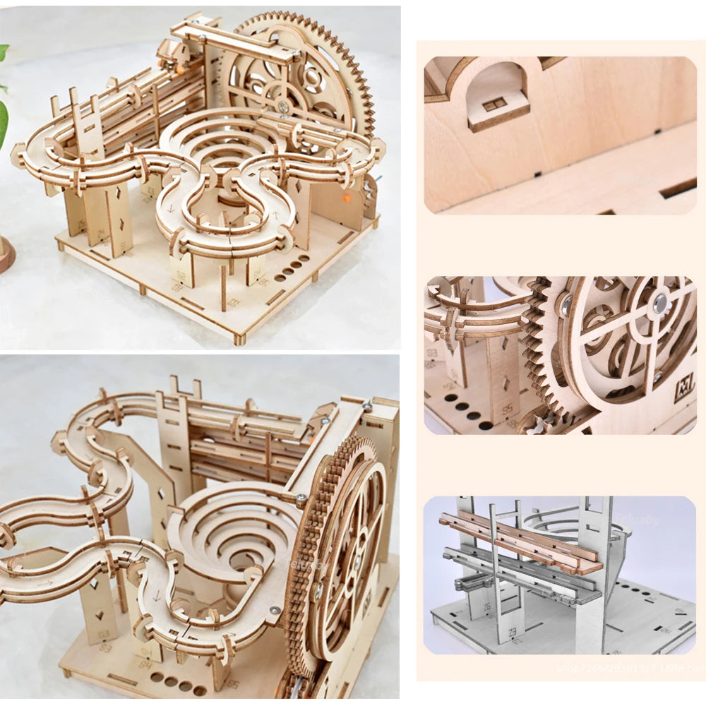 DSERS-32 - 3D Wooden Puzzle DIY Mechanical Manual Model  Building Kits Assemble Toys Marble Run Set with 4 Ball for Adult Kids Gifts