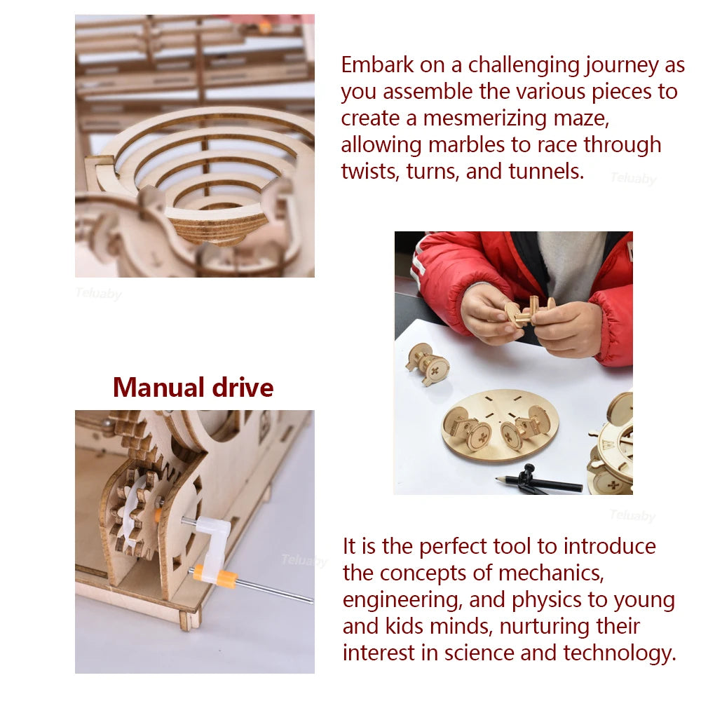DSERS-32 - 3D Wooden Puzzle DIY Mechanical Manual Model  Building Kits Assemble Toys Marble Run Set with 4 Ball for Adult Kids Gifts