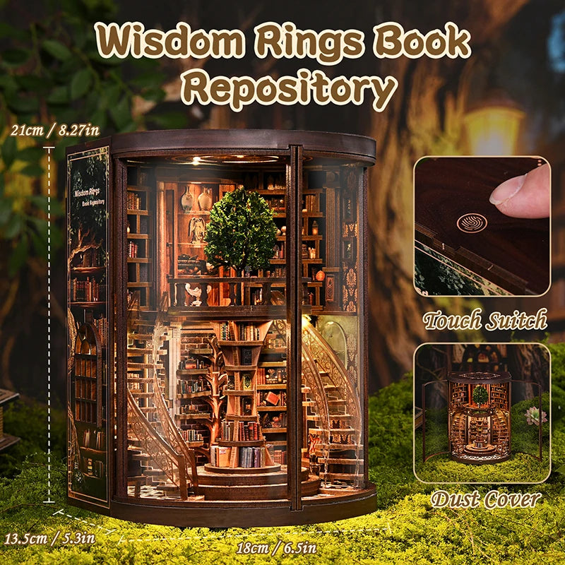 C33A-PRODUKT-DSERS-33A - NEW DIY Wooden Book Nook Figurines Miniatures Wisdom Rings Book Repository Bookend for Friends Birthday Gifts Home Decor Crafts