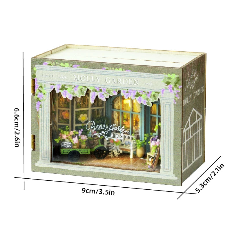 DSERS-33+34 - DIY Book Nook Kit Retro 3D Mini Library with LED Light Handmade Wooden Dollhouse Bookshelf Insert Home Decor Gift for Birthday