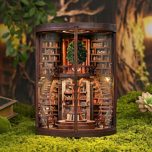 DSERS-33+34 - DIY Book Nook Kit Retro 3D Mini Library with LED Light Handmade Wooden Dollhouse Bookshelf Insert Home Decor Gift for Birthday