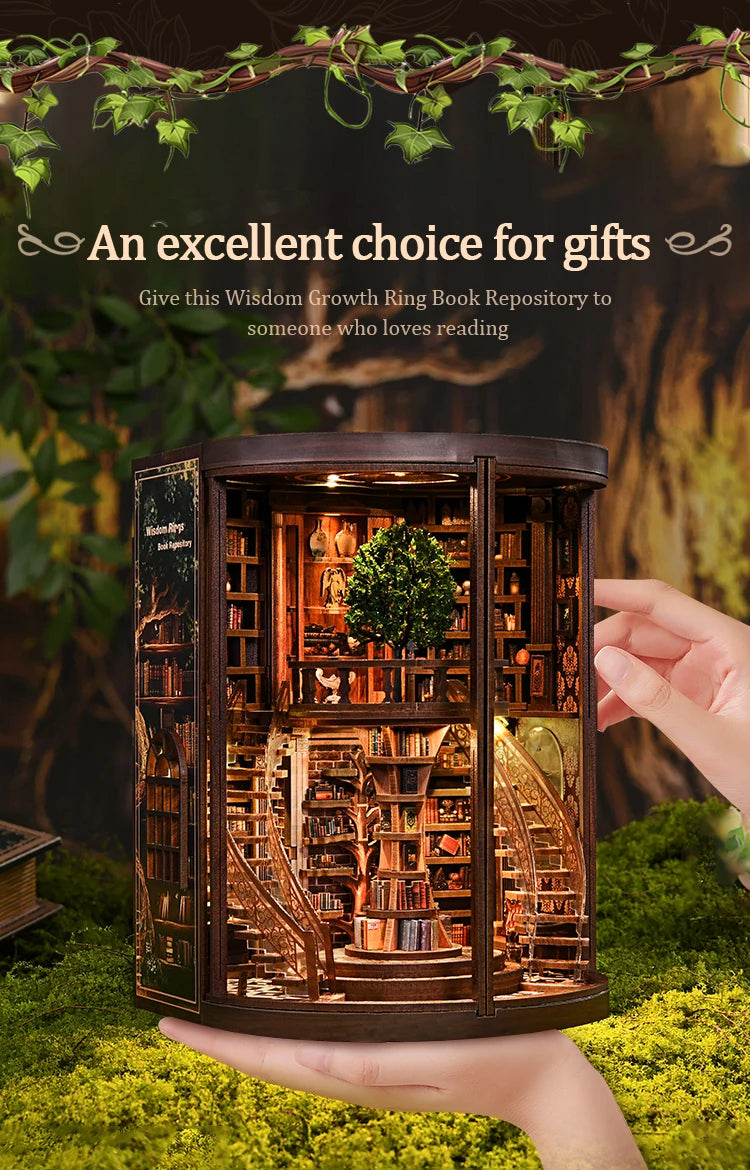 DSERS-33+34 - DIY Book Nook Kit Retro 3D Mini Library with LED Light Handmade Wooden Dollhouse Bookshelf Insert Home Decor Gift for Birthday
