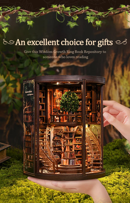 DSERS-33+34 - DIY Book Nook Kit Retro 3D Mini Library with LED Light Handmade Wooden Dollhouse Bookshelf Insert Home Decor Gift for Birthday