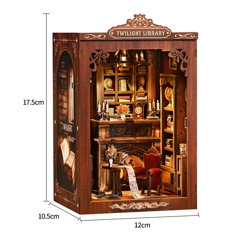 DSERS-33+34 - DIY Book Nook Kit Retro 3D Mini Library with LED Light Handmade Wooden Dollhouse Bookshelf Insert Home Decor Gift for Birthday