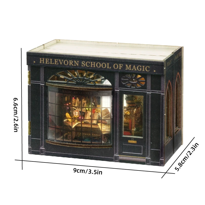 DSERS-33+34 - DIY Book Nook Kit Retro 3D Mini Library with LED Light Handmade Wooden Dollhouse Bookshelf Insert Home Decor Gift for Birthday