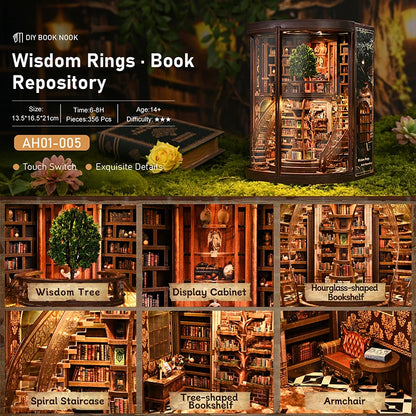 DSERS-33+34 - DIY Book Nook Kit Retro 3D Mini Library with LED Light Handmade Wooden Dollhouse Bookshelf Insert Home Decor Gift for Birthday