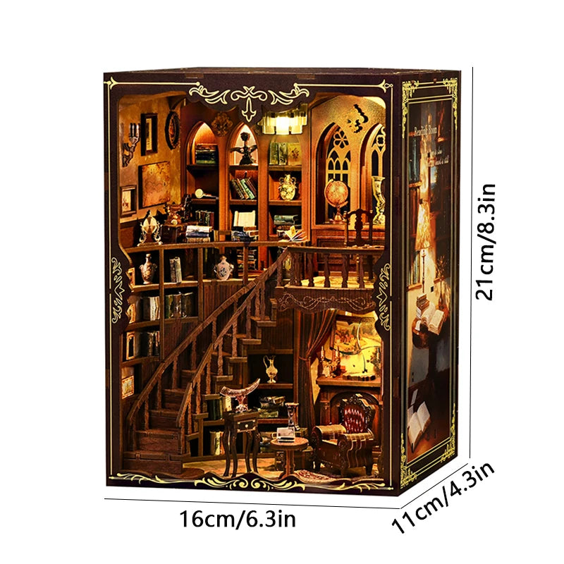 DSERS-33+34 - DIY Book Nook Kit Retro 3D Mini Library with LED Light Handmade Wooden Dollhouse Bookshelf Insert Home Decor Gift for Birthday